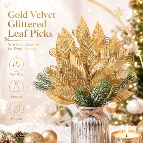 Janinka Gold Velvet Glittered Leaf Picks, 10 Pcs - Christmas Spray Artificial Branches