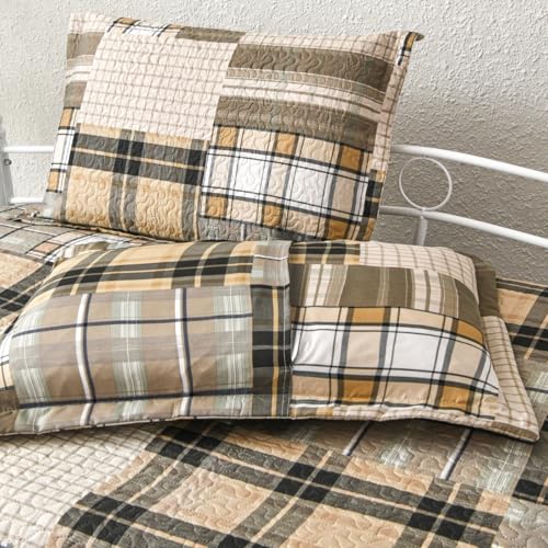 3-Piece Plaid Daybed Cover Set - Twin Quilted Bedspread with Pillow Shams