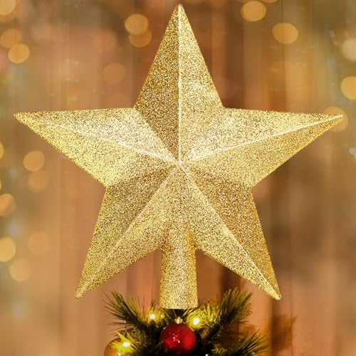 Gold Glitter Christmas Star Tree Topper - 8 Inch Shatterproof Holiday Decor