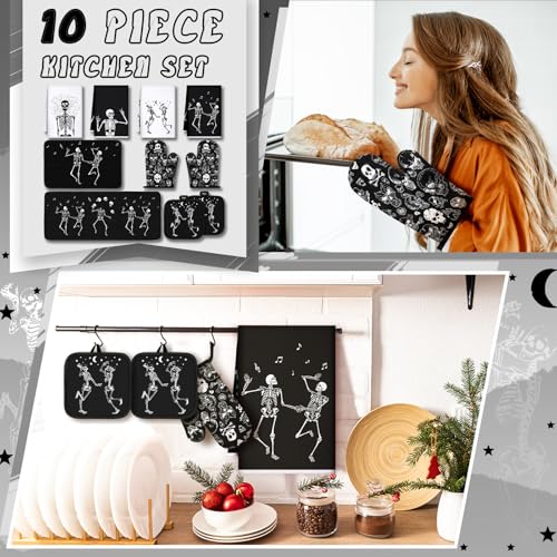 10-Piece Gothic Skeleton Kitchen Set: Dish Towels, Rugs, Mitts & Pot Holders