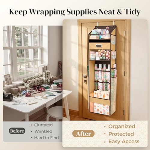 Over The Door Wrapping Paper Storage Organizer with Removable Drawer