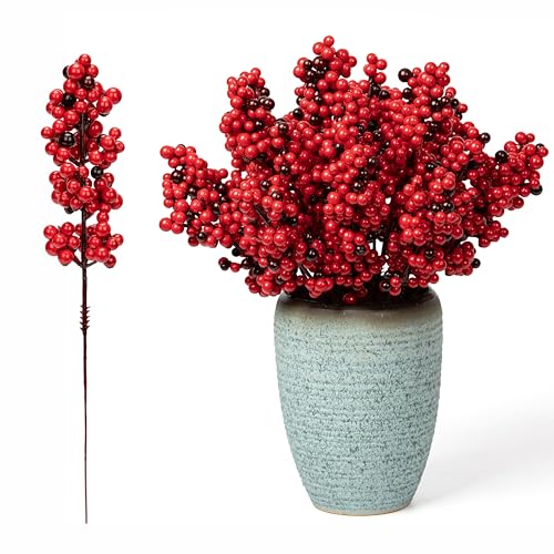 Artificial 32 Pcs Red Berry Stems, Holly Berry Stems Xmas Red Berry Picks with Fruit Clusters for Christmas Tree Decor Wreath Garland DIY Crafts Home Holiday Wedding Decoration (Two-Tone Red)