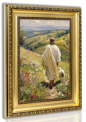 Jesus and Lamb Framed Canvas Wall Art - Good Shepherd Lost Sheep 12x16in - Christian Home Decor