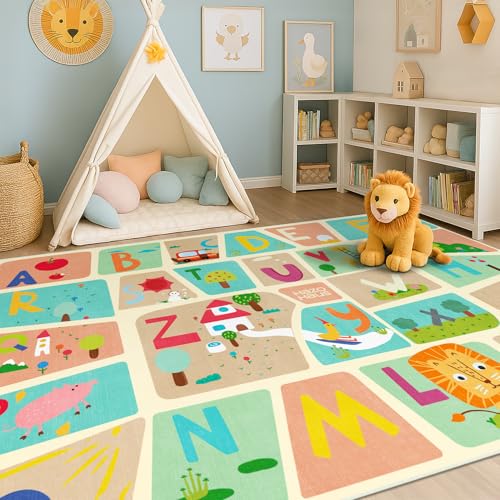 5x7 Alphabet Educational Rug for Kids, Washable Non-Slip Playroom Carpet