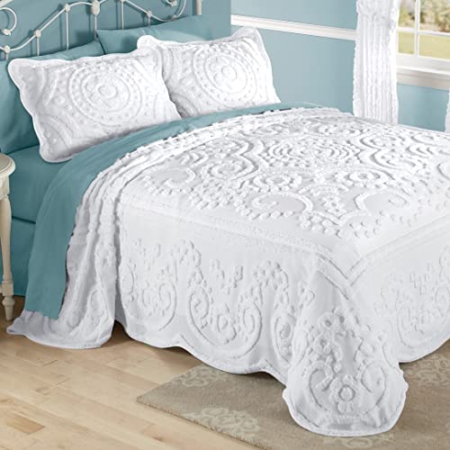 Elegant White Cotton Chenille Bedspread for Queen Beds