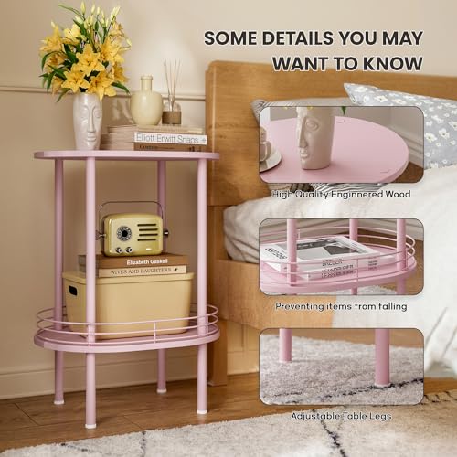 2-Tier Oval End Table with Storage, Small Pink Side Table for Bedroom