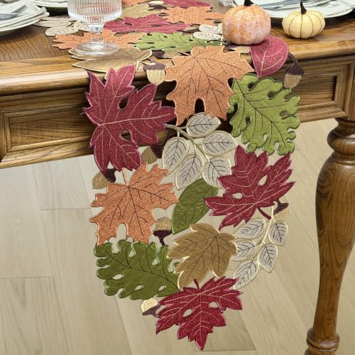 KEVA Fall 13x90 Inch Table Runner with Embroidered Maple Leaves for Thanksgiving & Autumn Decor