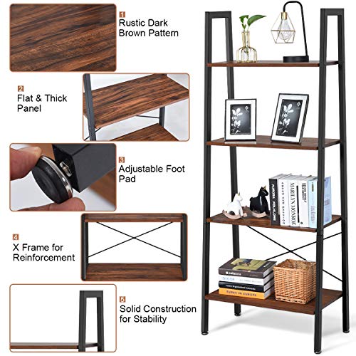 4-Tier Industrial Ladder Shelf - Rustic Brown Wood & Metal Bookshelf