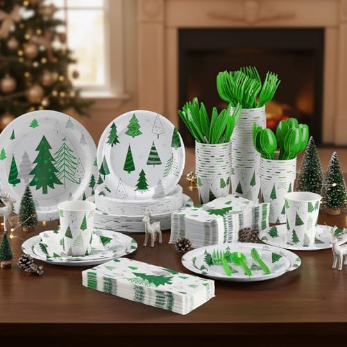Pickmesh Christmas Tree Paper Plate Set for 50 Guests - Green Silver Party Supplies