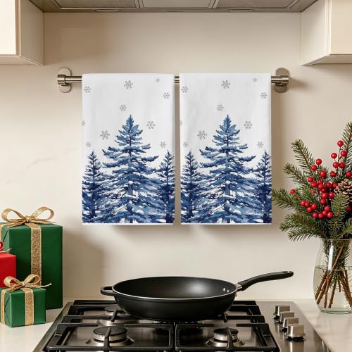 Bonsai Tree Christmas Kitchen Towels 18x28in - Blue Pine Tree Design (2-Pack)