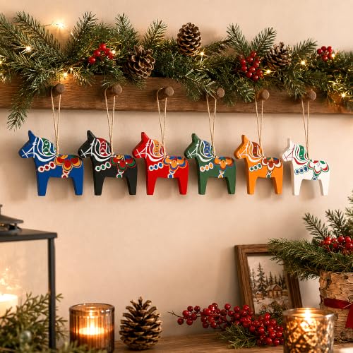 12 Pcs Scandinavian Dala Horse Wooden Ornaments for Christmas Decorations