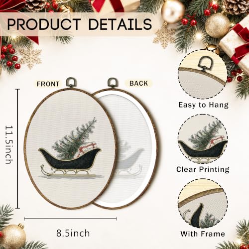 OINDADE Vintage Winter Holiday Christmas Sleigh Oval Wall Art – Tree Variation