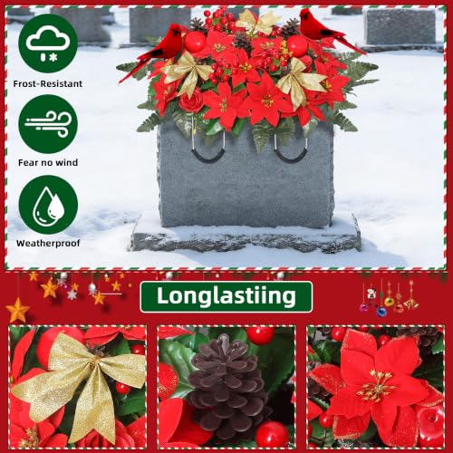 Christmas Cemetery Flowers Saddle with Bouquets - Red & Gold, 2 Pack