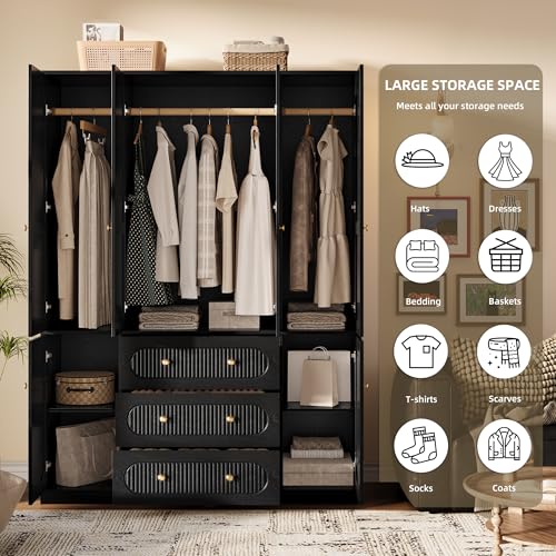 72" Freestanding 4-Door Wardrobe Armoire with 3 Drawers & Hanging Rods