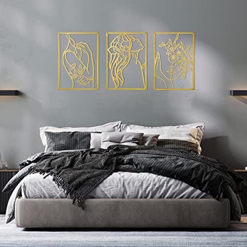 3-Piece Minimalist Gold Metal Wall Art, Floral Lady Silhouette Wall Decor