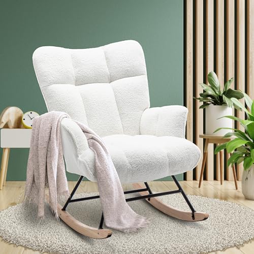 Upholstered Teddy Nursery Rocking Chair with High Backrest and Padded Seat