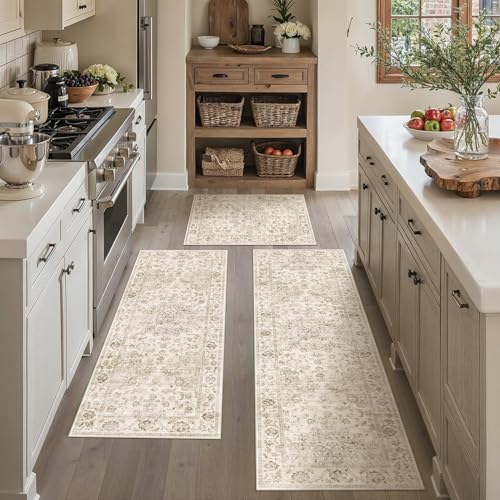 3-Piece Washable Kitchen Runner Rug Set, Non-Slip Vintage Farmhouse Mats