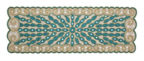 Teal Gold Silver Beaded Table Runner 13x36 Inch Handmade Festive Home Decor