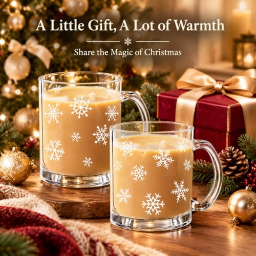 Tioncy 12 oz 2-Piece Snowflake Glass Coffee Mugs with Handle – White, Pack of 2