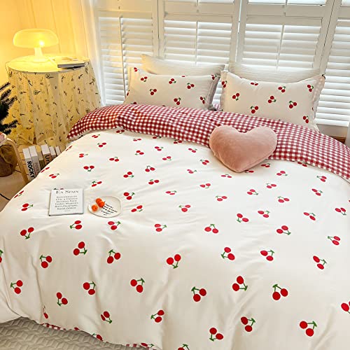 Cherry Print 100% Cotton Twin Duvet Cover Set - 3-Piece Bedding