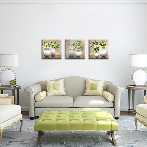 3 Piece Wall Art for Living Room, SZ Elegant Canvas Painting Prints of Green Spring Plants in White Vases on Beige/Tan Picture (Waterproof Decor, 1" Thick, Bracket Mounted Ready to Hang, Large)