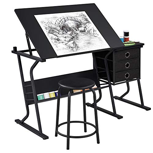 Height Adjustable Drafting Table with Stool and Storage Drawers