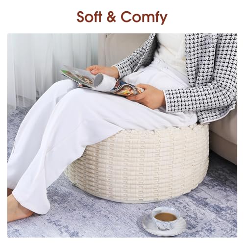Round Faux Fur Unstuffed Ottoman Pouf Cover - Beige 20-inch Floor Bean Bag