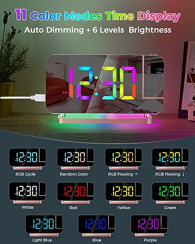 Projection Alarm Clock with RGB LED Mirror Display and USB-C Charging Port