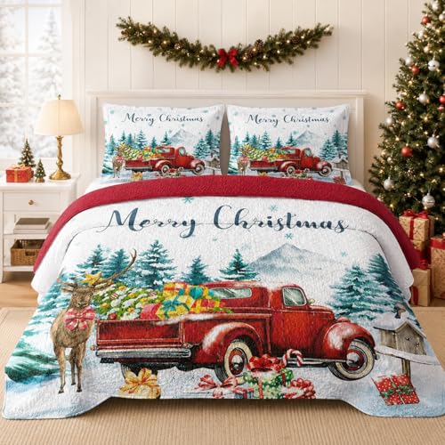 King Christmas Quilt Set with Xmas Truck - 3-Piece Red Vintage Bedding, WeCozy
