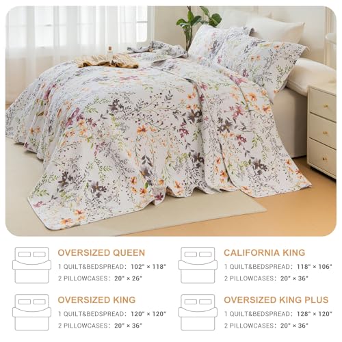 QSH 100% Cotton Oversized King Floral Quilt Bedspread Set, 3-Piece