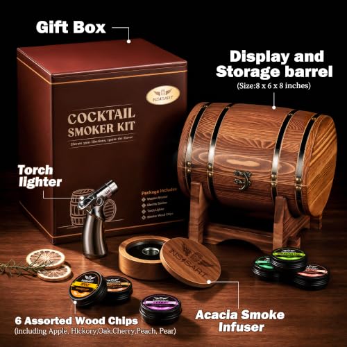 INSISART Charred Whiskey Smoker Kit with Barrel - Old Fashioned Cocktail Smoking Set