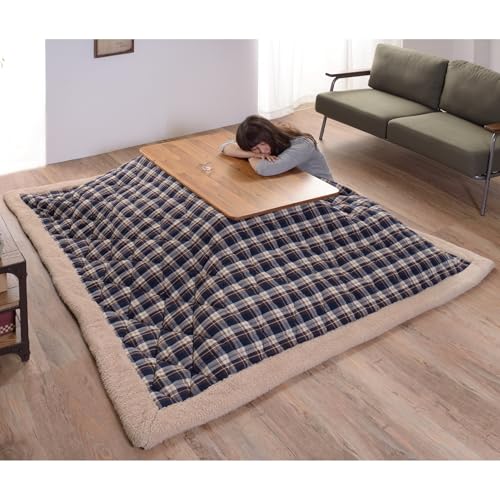 Square Kotatsu Futon Comforter, 75 x 75 Inch Navy Checked Polyester Blanket