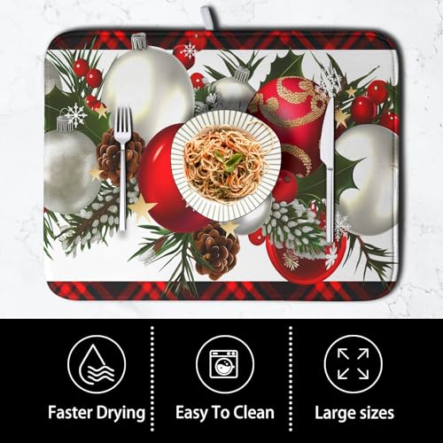 Christmas Buffalo Plaid Dish Drying Mat - Reversible Microfiber 18x24in - Holiday Kitchen Counter Decor