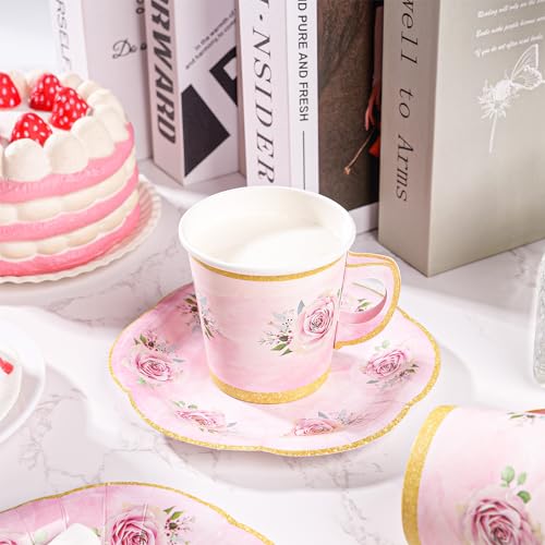 50 Pcs Pink Floral Disposable Tea Cups & Saucer Sets with Gold Rim for Parties - Serve 25 Guests
