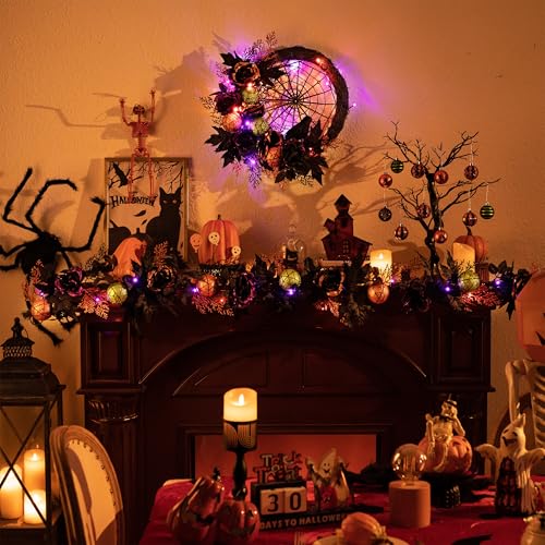 24-Inch Pre-Lit Halloween Wreath with LED Lights and Timer for Front Door