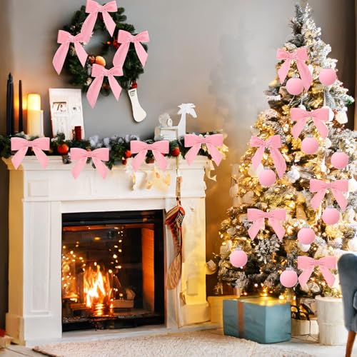Daifunli Pink 24 Pcs Velvet Christmas Ornaments Set – 12 Balls + 12 Bows