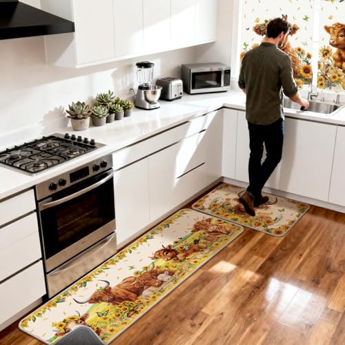 13-Piece Sunflower Highland Cow Kitchen Decor Set with Curtains and Rugs