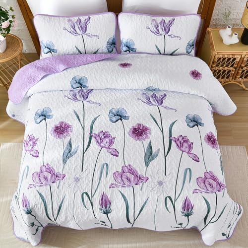 Purple Floral Queen Quilt Set, 3-Piece Reversible Coverlet Set
