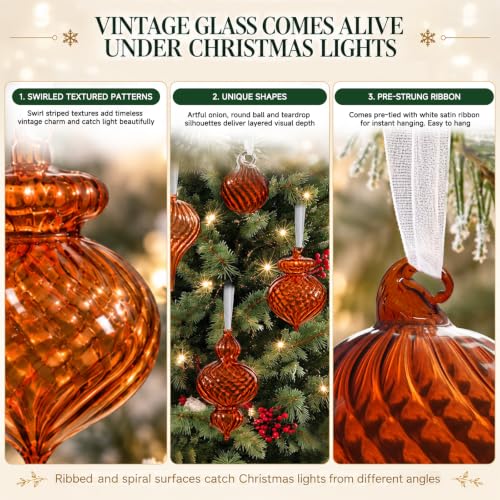 OuMuaMua Warm Amber Glass Christmas Ornaments, 9-Pc Set, 2.8-6.3in