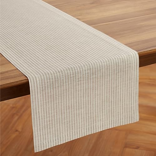 Solino Home Natural & White Linen Table Runner 14 x 48 inches - Handcrafted European Flax