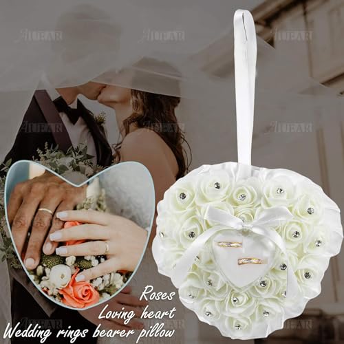 Heart Shaped Wedding Ring Pillow with Lace, Roses, and Rhinestones