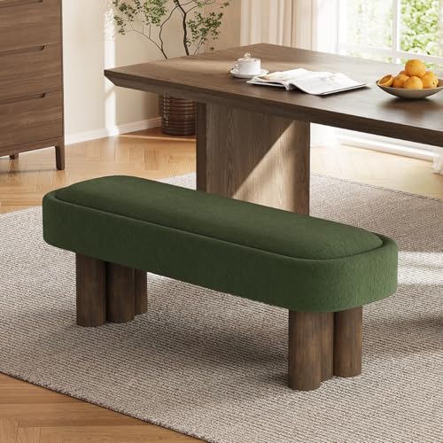 Upholstered Dining Bench, Olive Green Fabric Entryway Bench with Walnut Legs