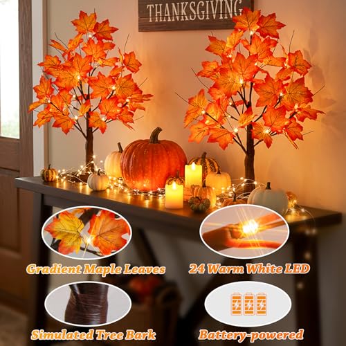 Lighted Artificial Fall Maple Tree - 22" Battery Operated with 24 LEDs - 2 Pack Fall Decorations for Indoor Use