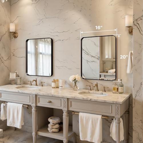 20x16 Inch Rectangular Wall Mirror, Matte Black Aluminum Framed Bathroom Mirror