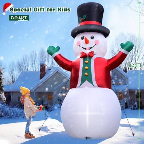 FunFanso 12 Ft Christmas Inflatable Snowman with LED Lights, Wear Hat & Red Suit – Giant Outdoor Decor