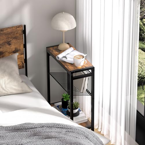 3-Tier Narrow Side Table with Magazine Holder - Slim End Table for Small Spaces
