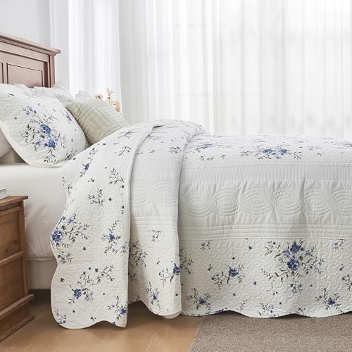 Floral Oversized Queen Bedspread Set, 100% Cotton, 3 Piece