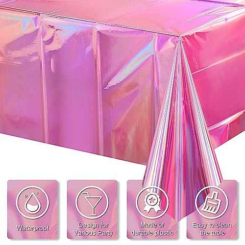 FunnyPars 4 Pack Pink Iridescent Plastic Tablecloths - 54x108 Inch Rectangular Disposable Party Covers for Kpop, Wedding, Birthday, Xmas