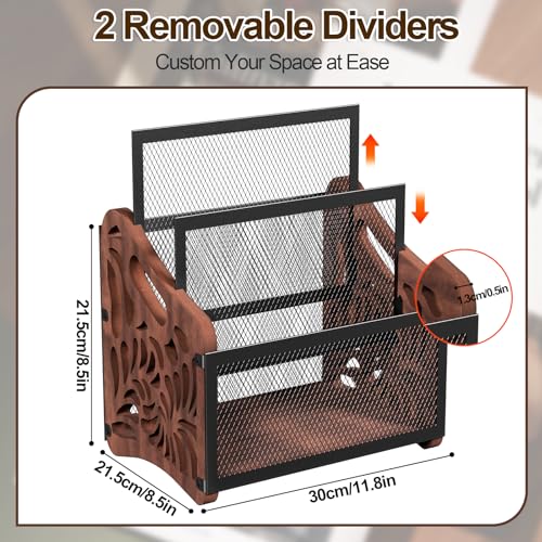 3-Compartment Wood and Metal Magazine Rack Floor Organizer with Handles