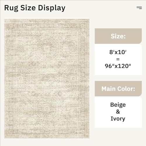 Washable 8x10 Area Rug - Soft Vintage Non-Slip Carpet for Living Room
